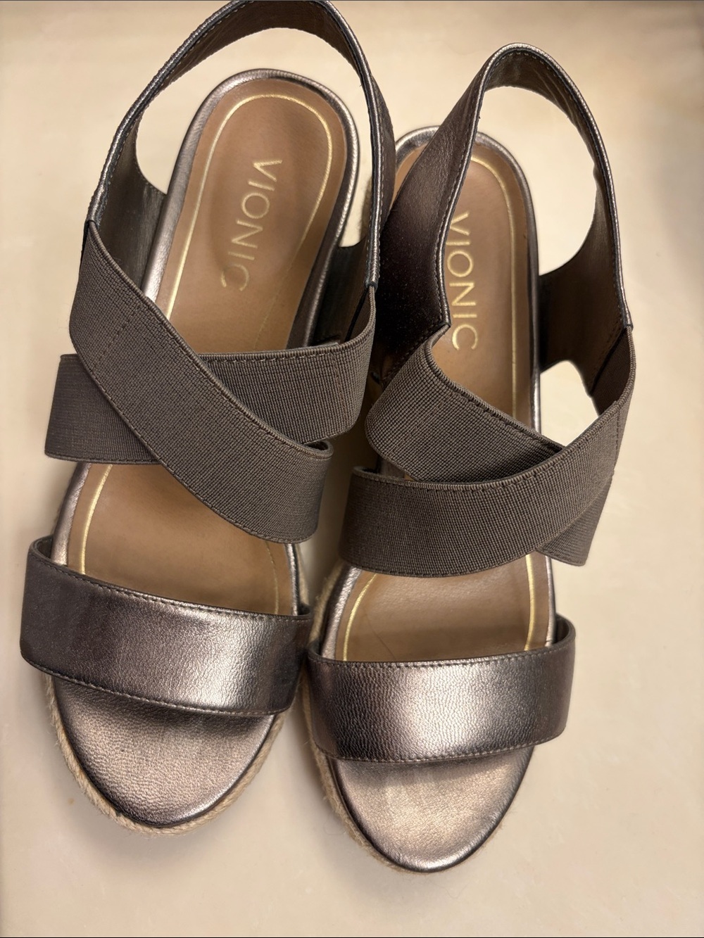 Vionic Ainsleigh Espadrille Wedge Metallic Leather Cross Strap Women 7